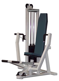 The less accessible chest press seat is not removable, leg and arm support bars would interfere with transfers, there is not a visible instruction placard, labels and weight pin are not as visible on the weight stack, and all grey colors are used.